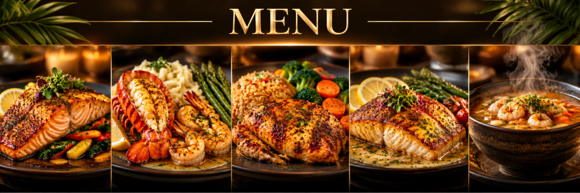 Menu – pan-seared salmon, lobster tail with shrimp, herb chicken with rice and vegetables, pan-seared white fish, and a steaming bowl of seafood soup